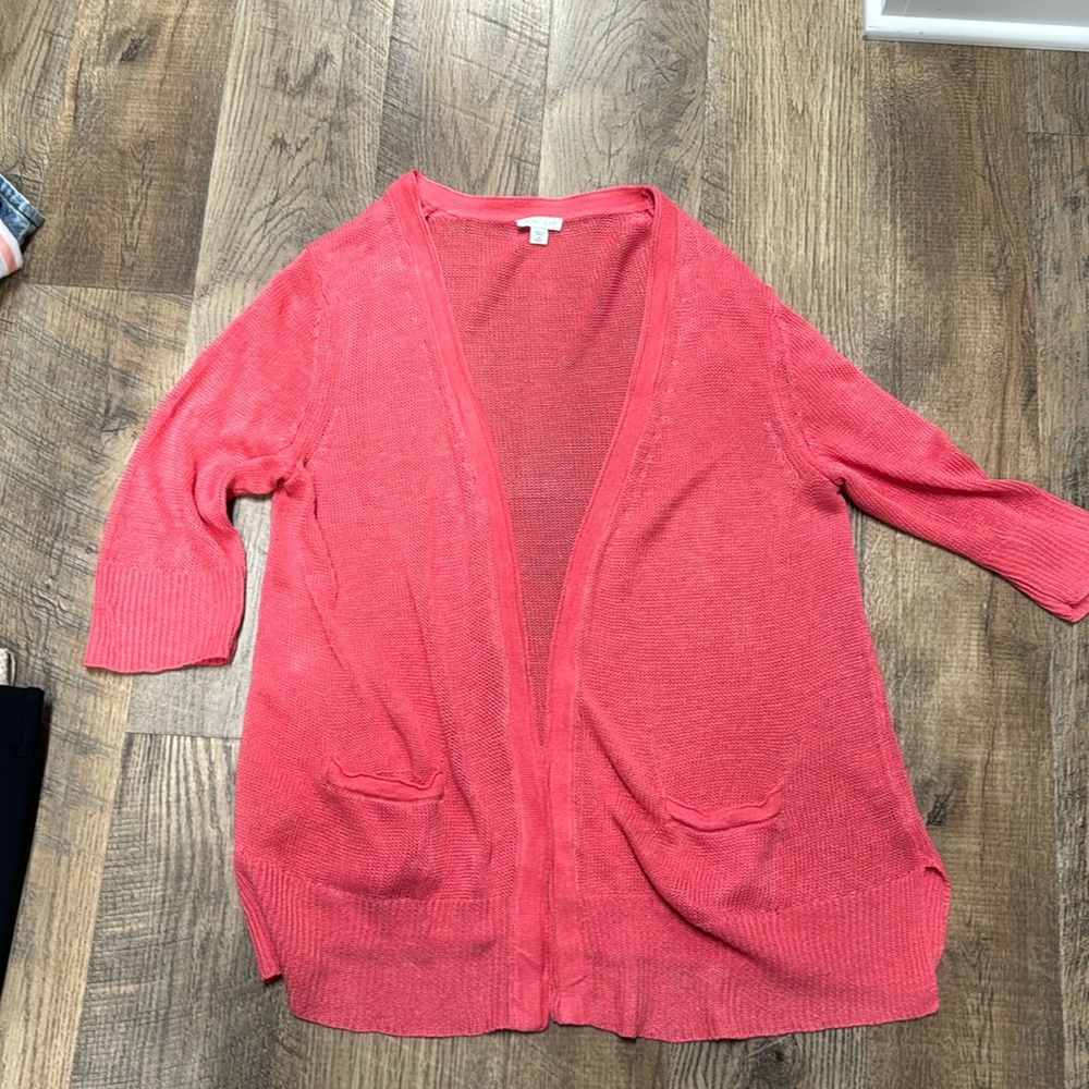 J. Jill love Linen salmon pink over sized cardigan with pockets
